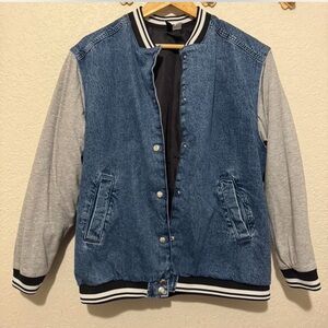 Blue denim unisex varsity jacket with "Have a great day everyday" print small